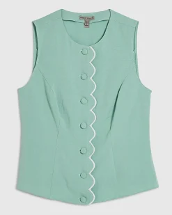 Green Linen Blend Scallop Trim Waistcoat