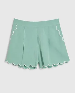 Green Linen Blend Scallop Trim Shorts