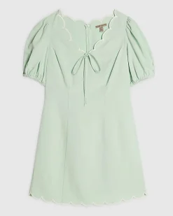 Green Linen Blend Scallop Trim Mini Dress