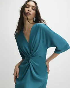 Green Long Sleeve Twist Front Midi Dress