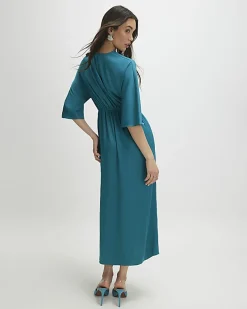 Green Long Sleeve Twist Front Midi Dress