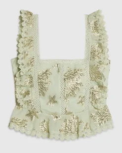 Green Marine Print Ruffle Sleeveless Top