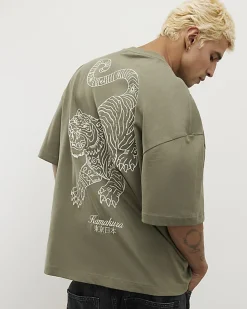 Green Oversized Fit Tiger Roping T-Shirt