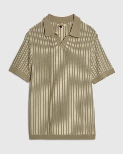 Green Pinstripe Open Collar Knit Shirt