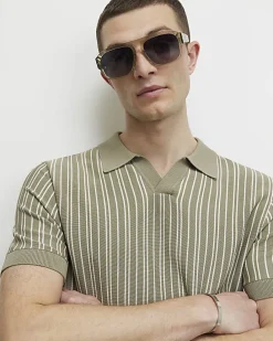 Green Pinstripe Open Collar Knit Shirt