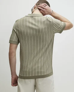 Green Pinstripe Open Collar Knit Shirt