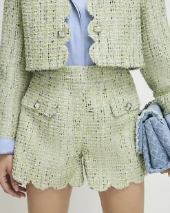 Green Scallop Trim Boucle Shorts