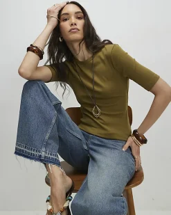 Green Short Sleeve Cotton Fitted Top