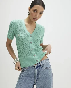 Green Short Sleeve Crochet Knit Cardigan
