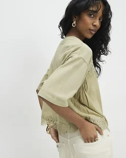 Green Short Sleeve Lace Detail T-shirt