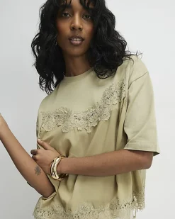 Green Short Sleeve Lace Detail T-shirt