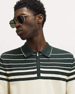 Green Slim Fit Stripe Knitted Polo Shirt