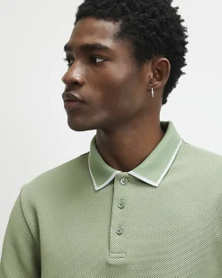 Green Slim Fit Textured Button Polo Shirt