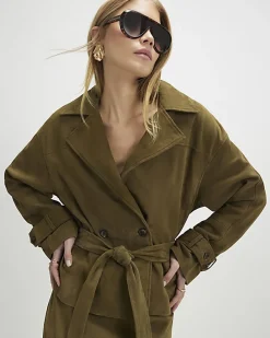 Green Suede Cropped Trench Coat