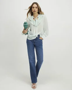 Green Tie Neck Long Sleeve Blouse