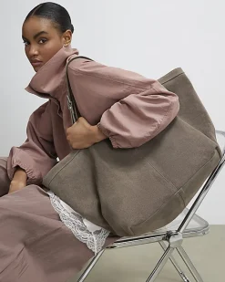 Grey Buckle Handle Suede Shopper Bag