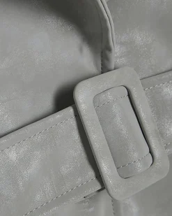 Grey Faux Leather Cropped Belted Trench Coat
