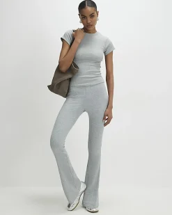 Grey High Waisted Ribbed Flare Leggings
