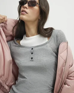 Grey Long Sleeve 2 in 1 Layered Top