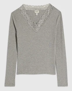 Grey Long Sleeve Ribbed Lace Trim Top