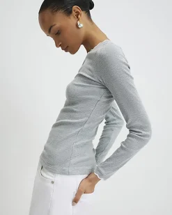 Grey Long Sleeve Scallop Trim Top