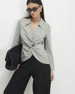 Grey Long Sleeve Twisted Collared Top