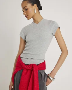 Grey Short Sleeve High V Neck Ribbed Top