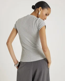 Grey Short Sleeve High V Neck Ribbed Top