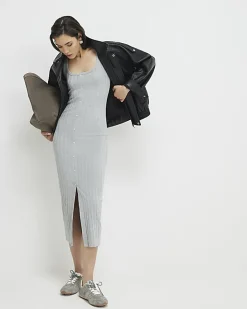 Grey Sleeveless Ribbed Button Midi Dress