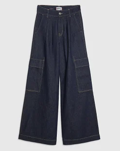 Indigo Mid Rise Cargo Wide Leg Baggy Jeans