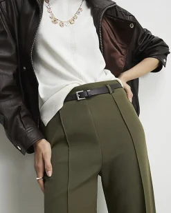 Khaki Belted Straight Leg Trousers