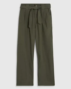 Khaki Belted Wide Leg Poplin Trousers