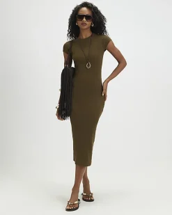 Khaki Cap Sleeve Ribbed Midi Dress