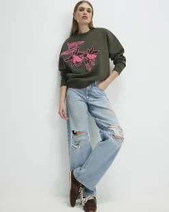 Khaki Contrast Embroidered Floral Sweatshirt