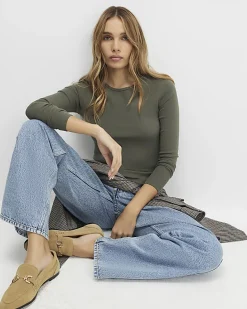 Khaki Cotton rich Long Sleeve Fitted Top