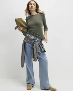 Khaki Cotton rich Long Sleeve Fitted Top