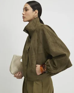 Khaki Faux Suede Drawstring Hem Bomber Jacket