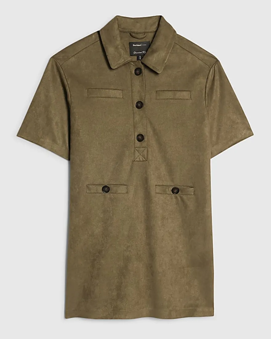 Khaki Faux Suede Short Sleeve Shirt Dress