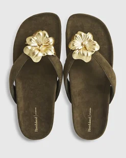 Khaki Flower Toe Thong Flat Sandals