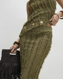 Khaki Knitted Fringed Midi Skirt