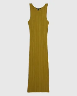 Khaki Knitted Racer Neck Ribbed Midi Dress