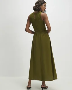 Khaki Linen Blend Shirred Midi Dress