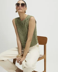 Khaki Metallic Knit Scallop Trim Top