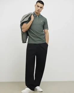 Khaki Muscle Fit Textured Zip Polo Shirt