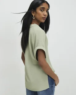 Khaki Notch Neck Short Sleeve Top
