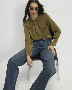 Khaki Pleat Front Blouse
