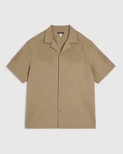 Khaki Regular Fit Paisley Embroidery Shirt