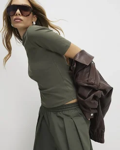 Khaki Short Sleeve Cotton Fitted Top