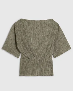 Khaki Short Sleeve Plisse Batwing Top