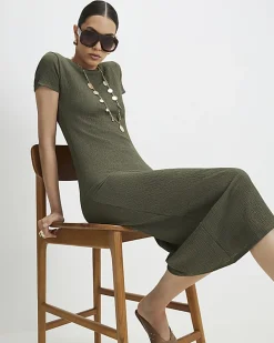 Khaki Short Sleeve Textured Midi Dress